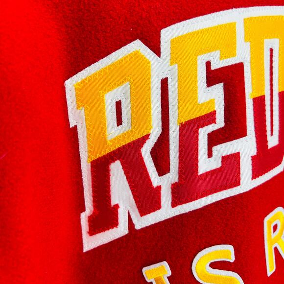 Custom Holloway Wool Red Yellow Varsity Protest Statement Jacket Leather Sleeves - Picture 3 of 11